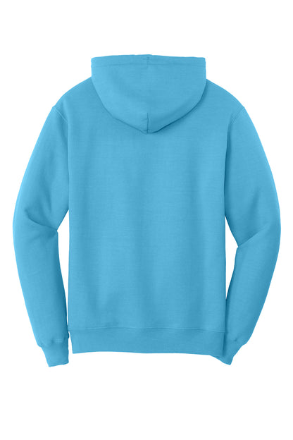 Rear View of Aquatic Blue Port & Co Core Fleece Pullover Hooded Sweatshirt. PC78H