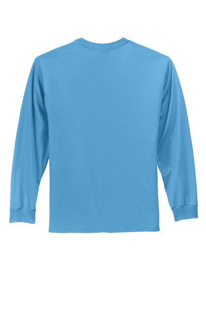 Rear View of Aquatic Blue Port & Co Long Sleeve Essential Tee. PC61LS plain