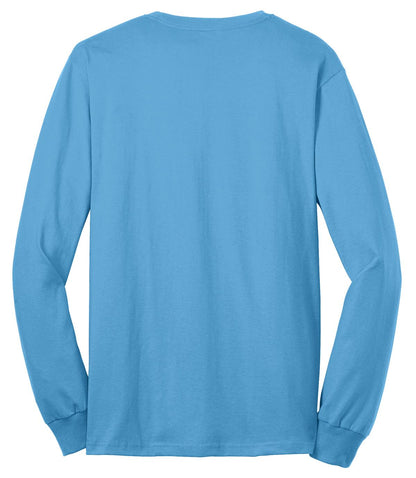 Rear View of Aquatic Blue Port & Co Tall Long Sleeve Core Blend Tee. PC55LST plain