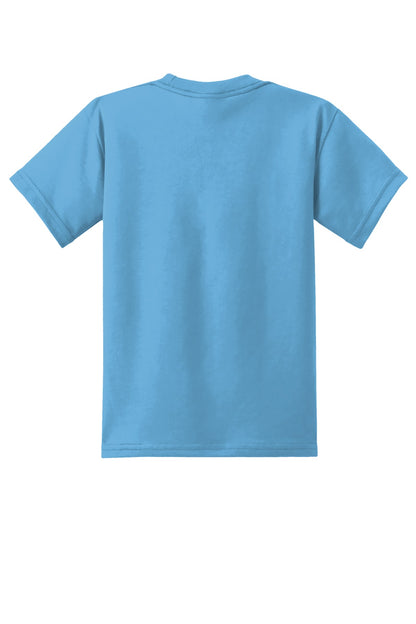 Rear View of Aquatic Blue Port & Co Youth Core Blend Tee. PC55Y plain