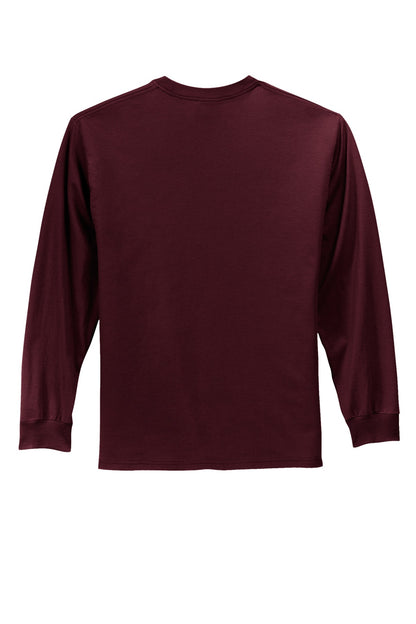Rear View of Ath. Maroon Port & Co Long Sleeve Essential Tee. PC61LS plain