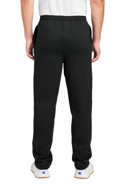 Rear View of Black Champion Powerblend Open Bottom Sweatpant P800 plain