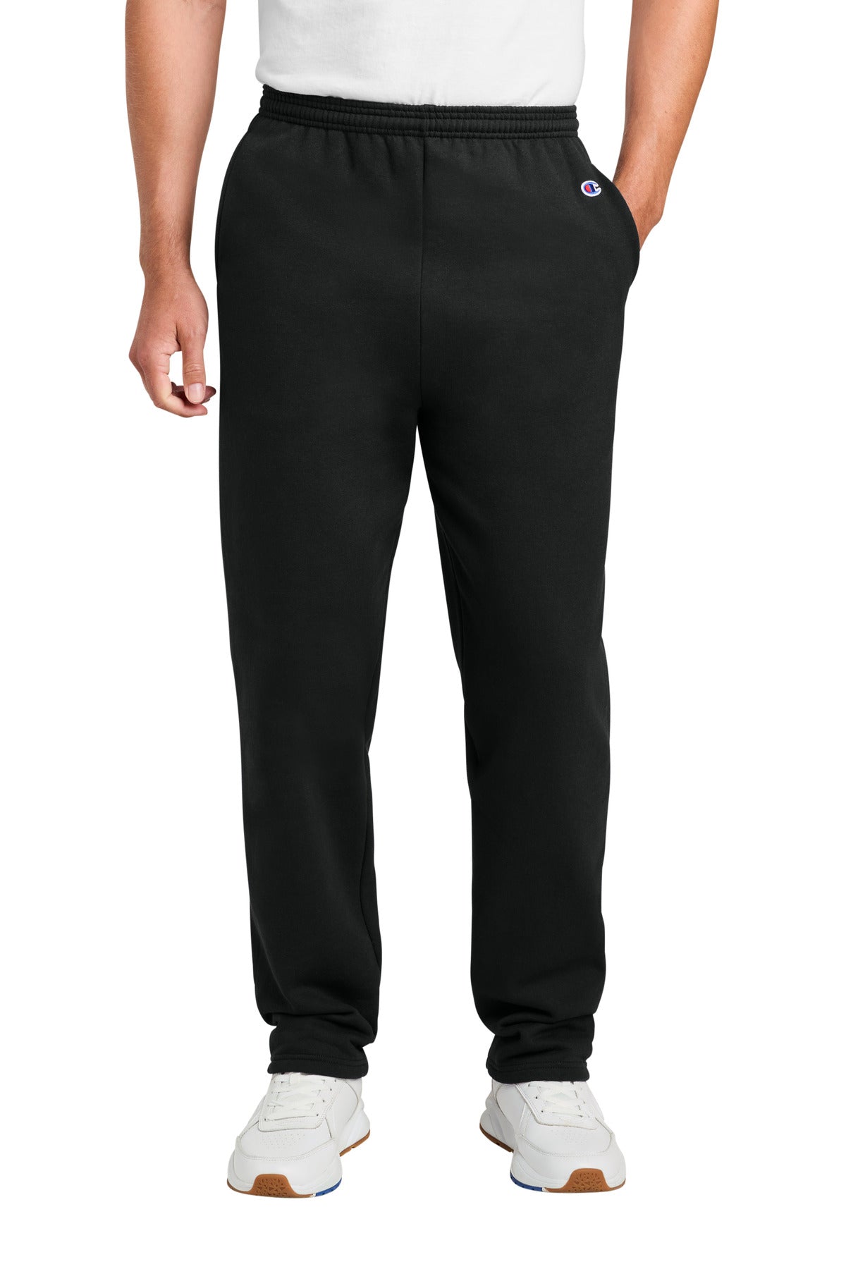 Rear View of Black Champion Powerblend Open Bottom Sweatpant P800 plain