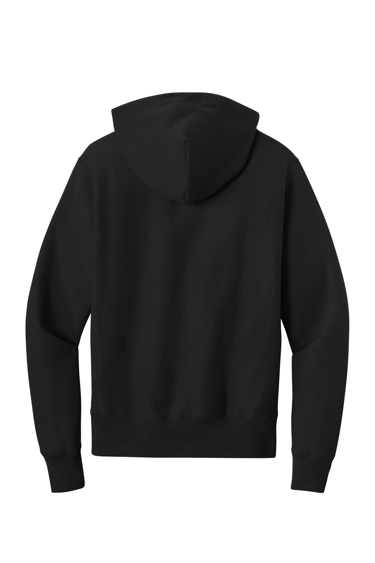 Rear View of Black Champion Reverse Weave Hooded Sweatshirt S101 plain