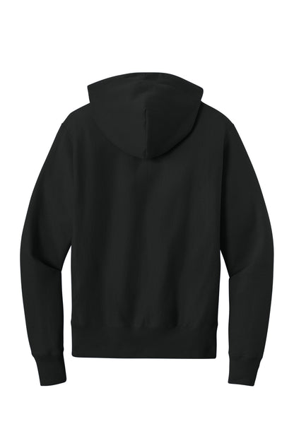 Rear View of Black Champion Reverse Weave Hooded Sweatshirt S101 plain