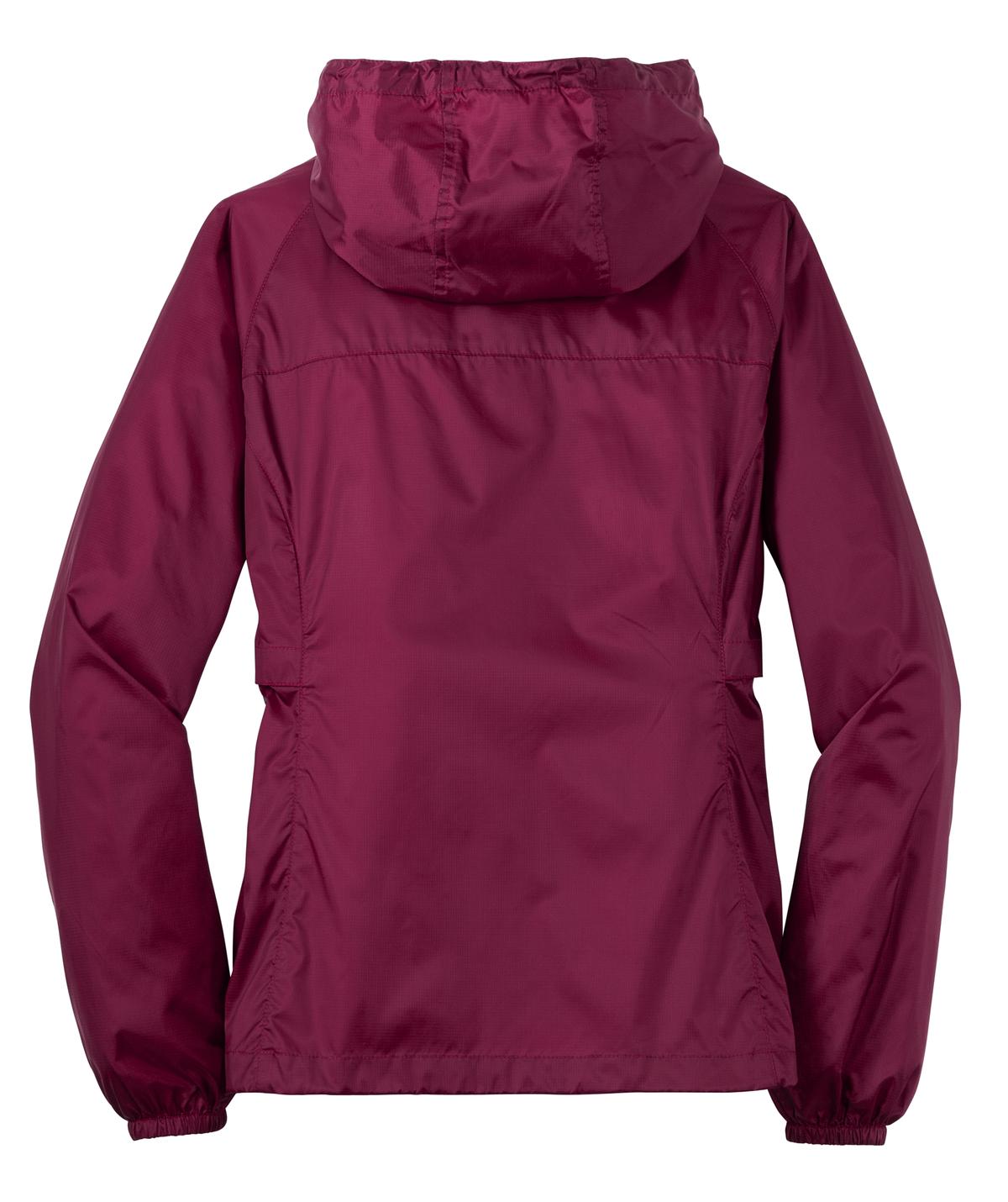 Rear View of Black Cherry Eddie Bauer Women's Packable Wind Jacket. EB501 plain