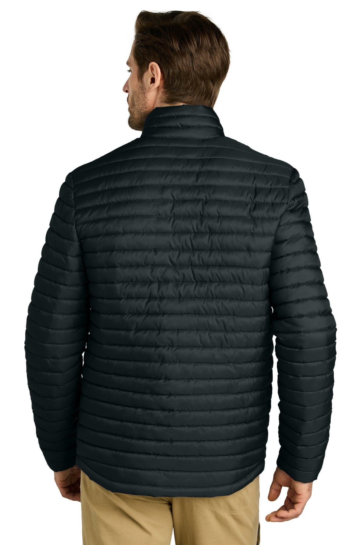 Rear View of Black Eddie Bauer Packable Quilted Full-Zip EB514 plain