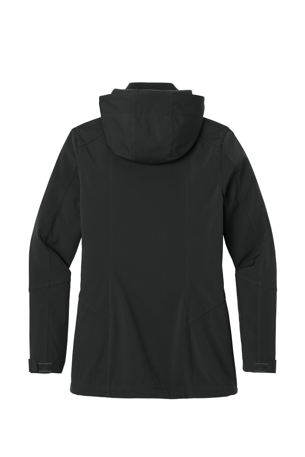 Rear View of Black Eddie Bauer Women's Hooded Soft Shell Parka. EB537 plain