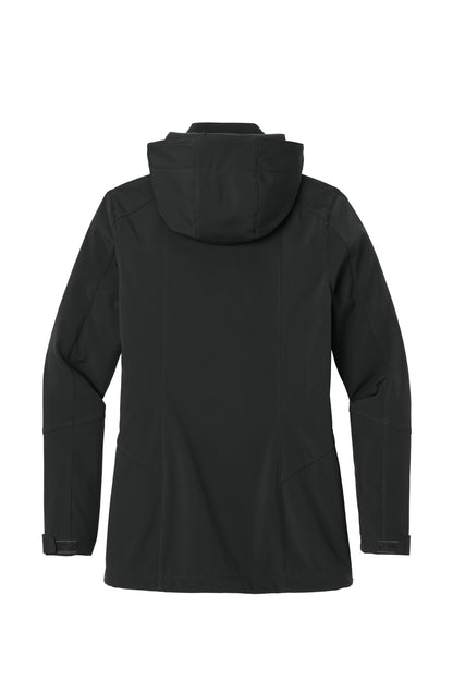 Rear View of Black Eddie Bauer Women's Hooded Soft Shell Parka. EB537 plain