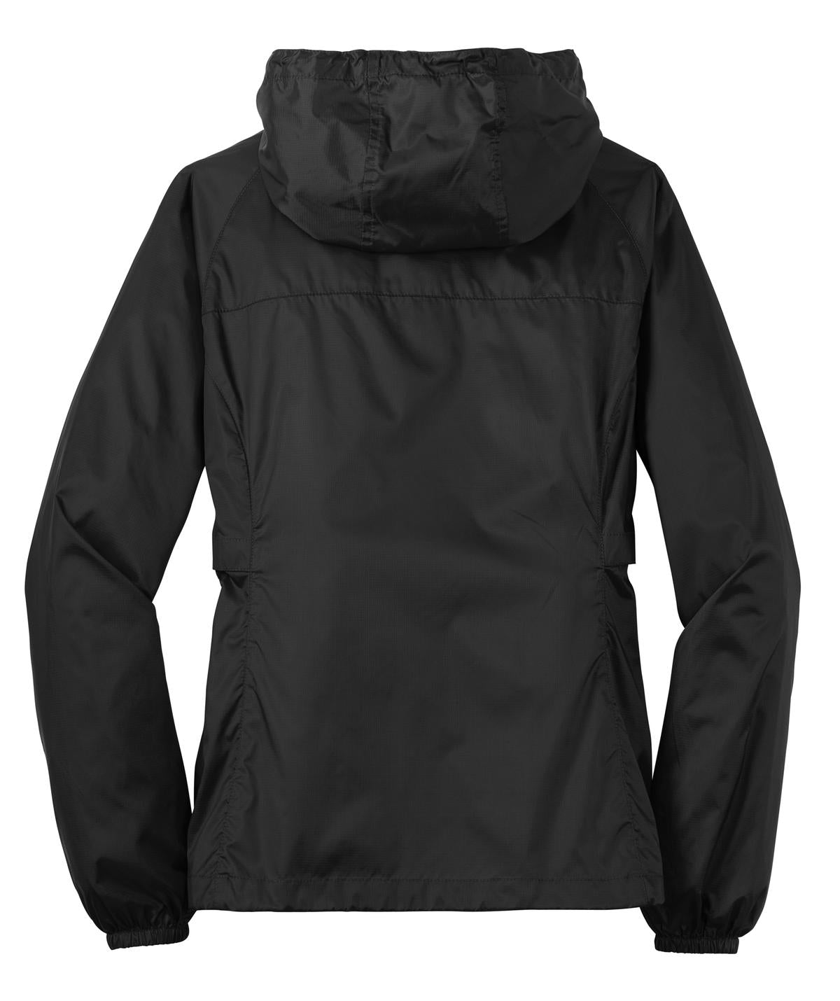 Rear View of Black Eddie Bauer Women's Packable Wind Jacket. EB501 plain
