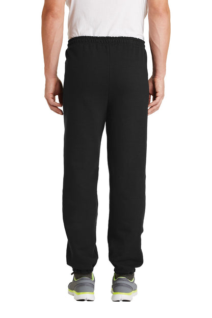 Rear View of Black Gildan Heavy Blend Sweatpant. 18200 plain