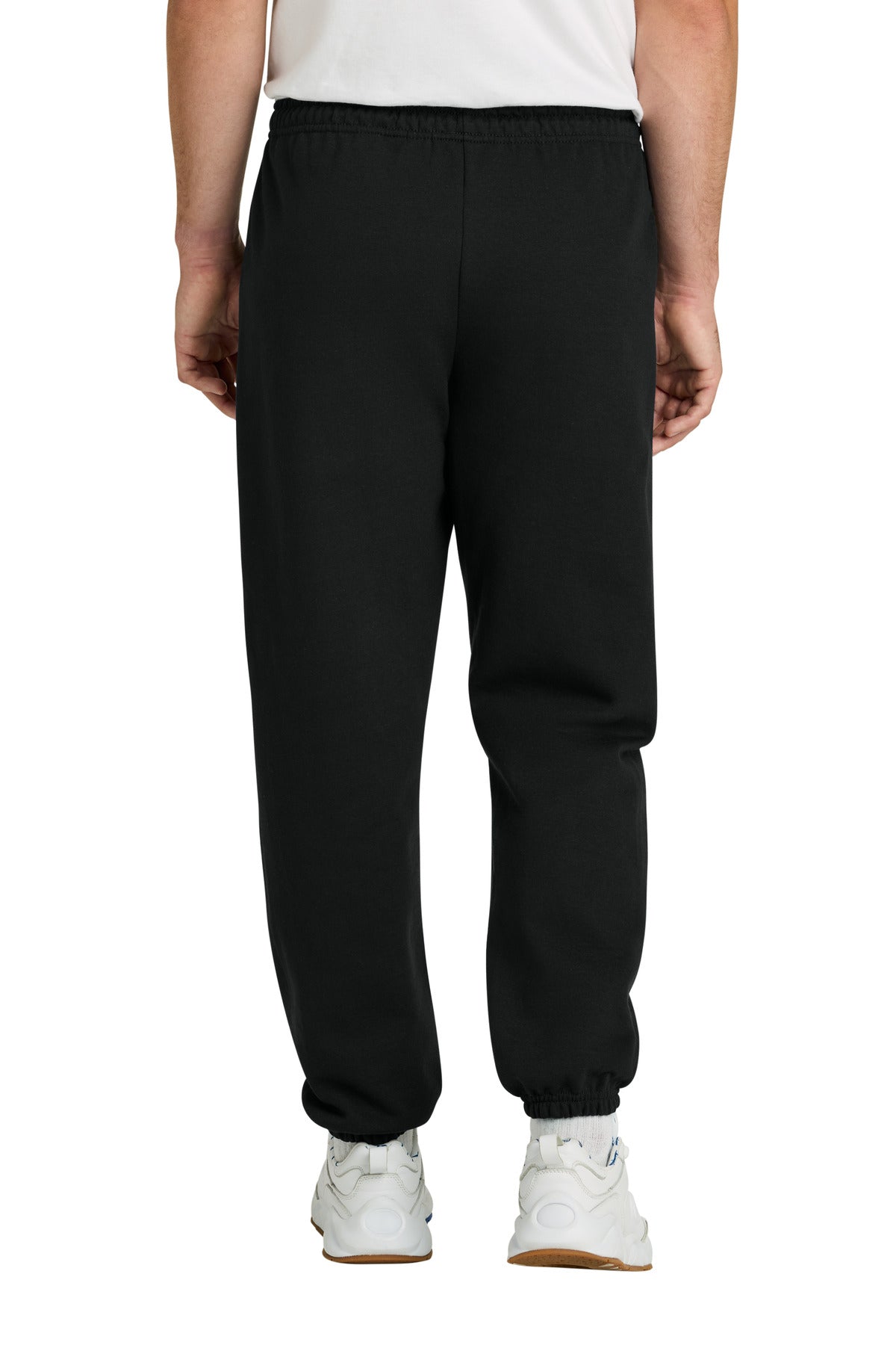 Rear View of Black Gildan Heavy Blend Sweatpant. 18200 plain
