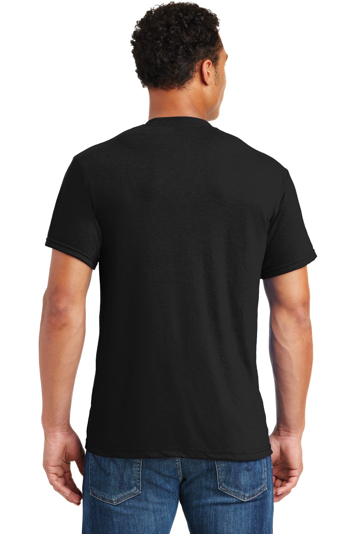 Rear View of Black Jerzees Dri-Power 100% Polyester T-Shirt. 21M plain