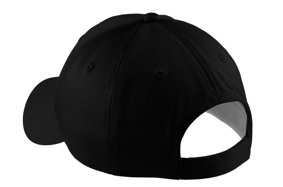 Rear View of Black Port Authority Five-Panel Twill Cap. CP86 plain