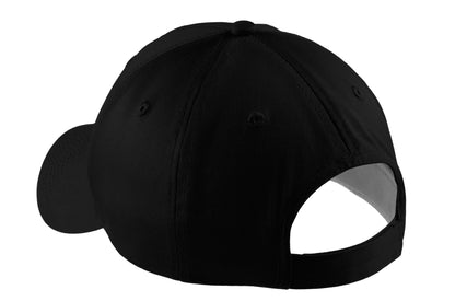 Rear View of Black Port Authority Five-Panel Twill Cap. CP86 plain
