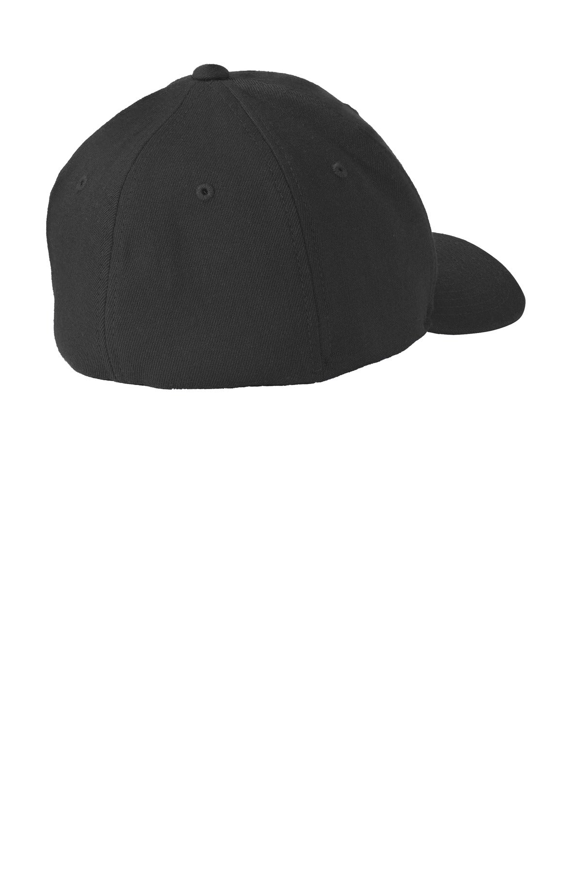 Rear View of Black Port Authority Flexfit Wool Blend Cap. C928 plain