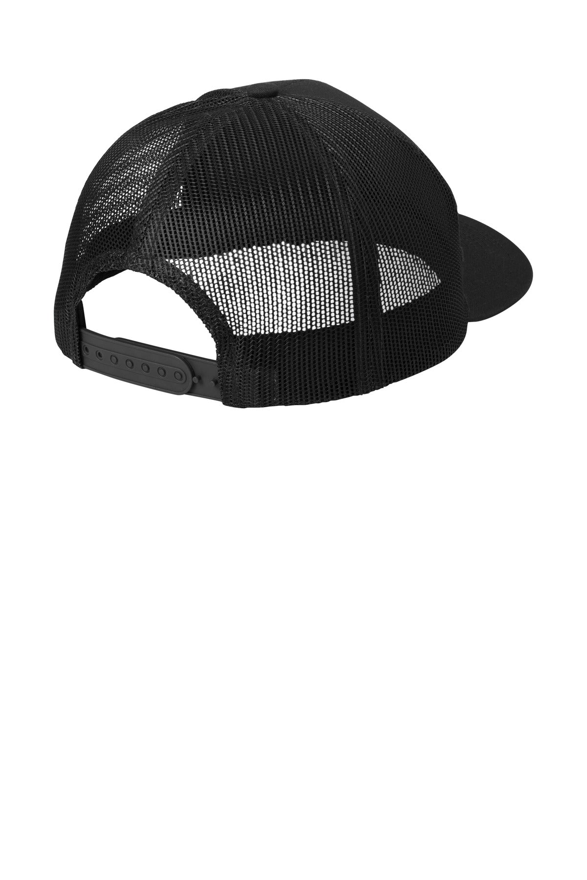 Rear View of Black Port Authority Snapback Trucker Cap. C402 plain