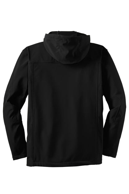 Rear View of Black Port Authority Textured Hooded Soft Shell Jacket. J706 plain
