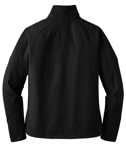 Rear View of Black Port Authority Women's Textured Soft Shell Jacket. L705 plain