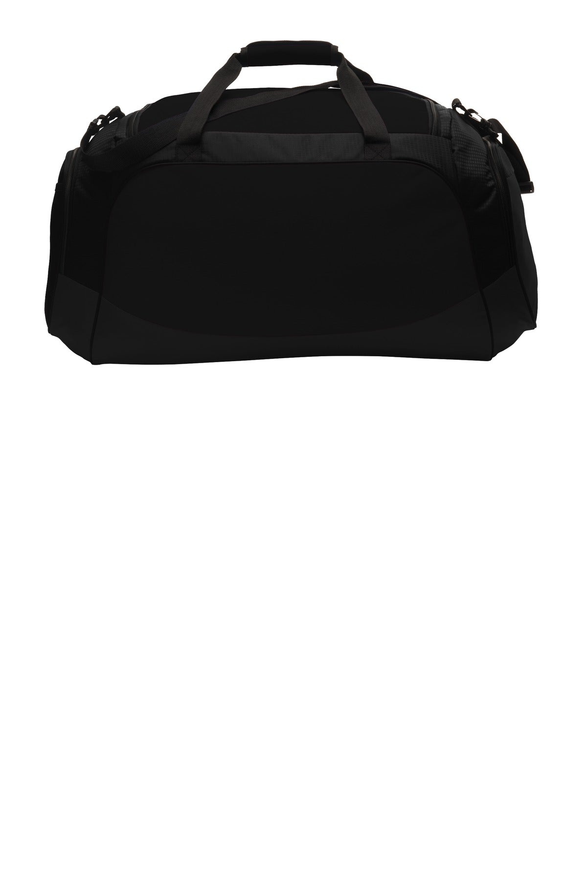 Rear View of Black/Black Port Authority Large Active Duffel. BG802 plain