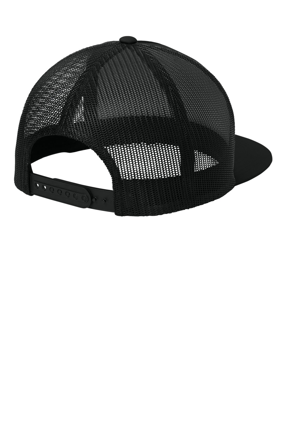 Rear View of Black/Black Sport-Tek YP Classics 5-Panel Classic Trucker Mesh Back Cap. STC38