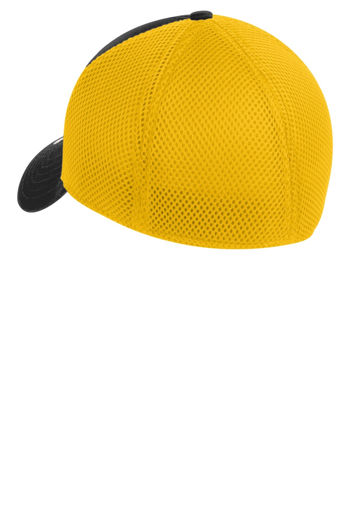 Rear View of Black/Gold New Era - Stretch Mesh Cap. NE1020 plain