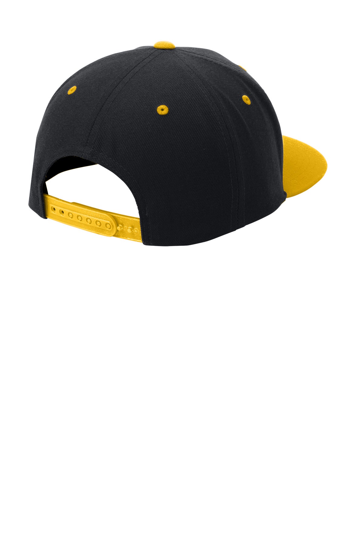 Rear View of Black/Gold Sport-Tek YP Classics Flat Bill Snapback Cap. STC19 plain