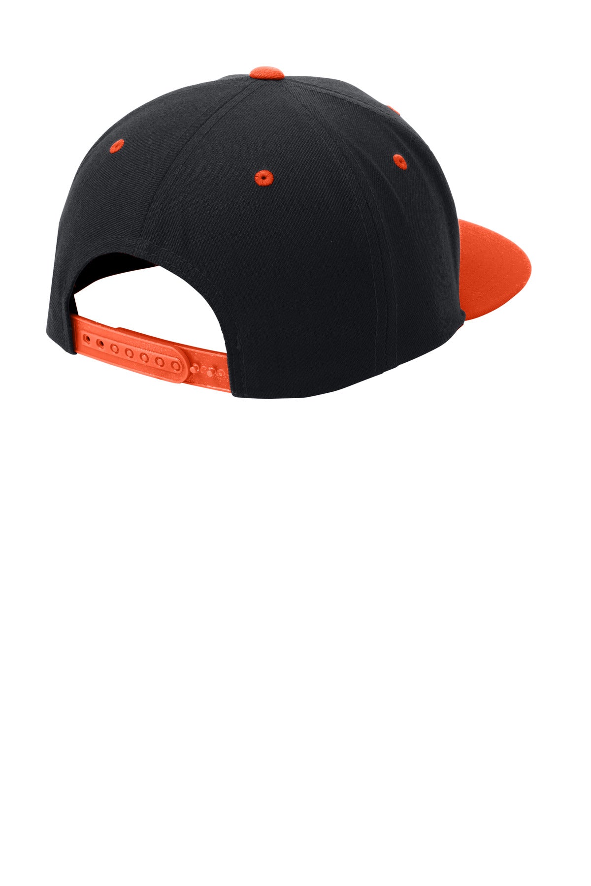 Rear View of Black/Orange Sport-Tek YP Classics Flat Bill Snapback Cap. STC19 plain