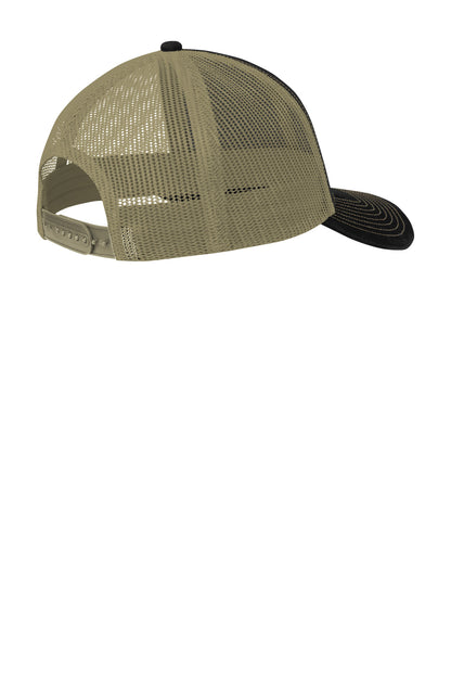 Rear View of Black/Tan Port Authority Snapback Trucker Cap. C402 plain