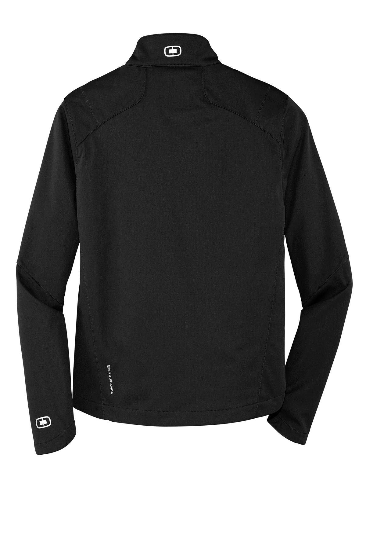 Rear View of Blacktop OGIO Crux Soft Shell. OE720 plain