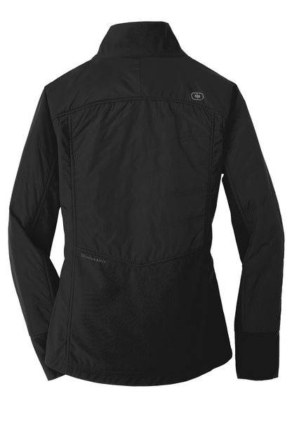 Rear View of Blacktop OGIO Women's Brink Soft Shell. LOE722 plain
