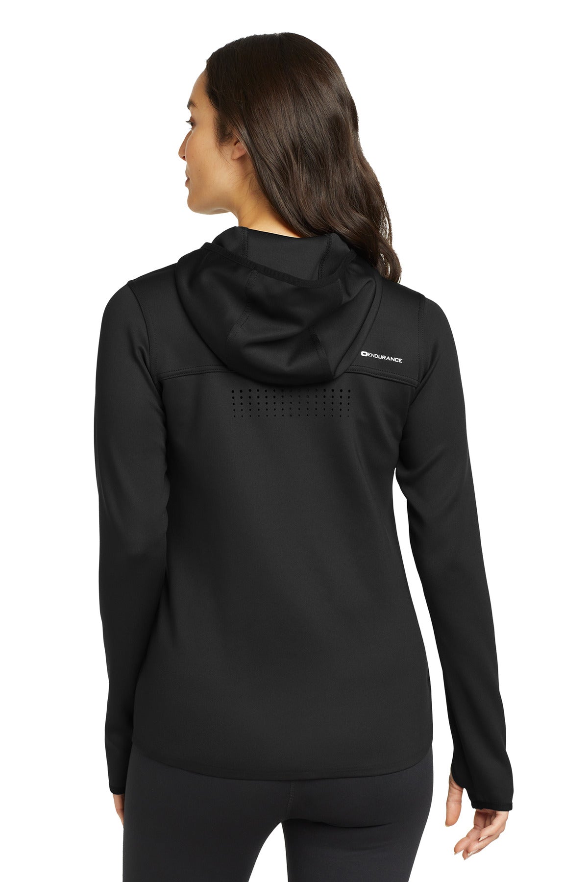 Rear View of Blacktop OGIO Women's Stealth Full-Zip Jacket. LOE728 plain
