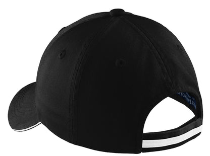 Rear View of Black/White Port Authority Sandwich Bill Cap with Striped Closure. C830 plain