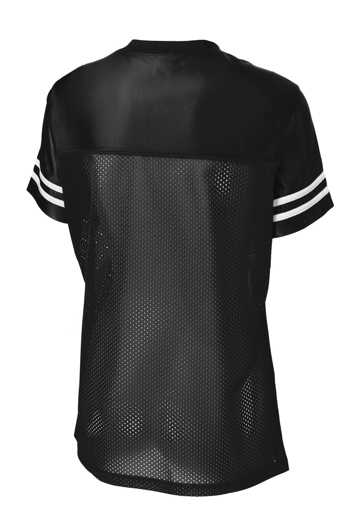 Rear View of Black/White Sport-Tek Women's PosiCharge Replica Jersey. LST307 plain