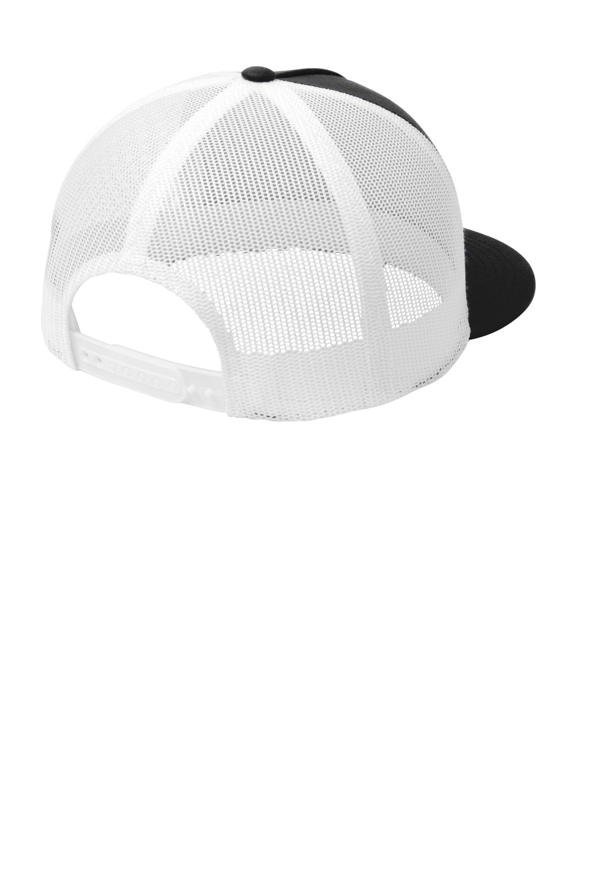 Rear View of Black/White Sport-Tek YP Classics 5-Panel Classic Trucker Mesh Back Cap. STC38 plain