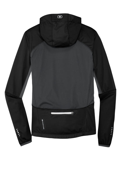 Rear View of Blcktp/Gear Gy OGIO Pivot Soft Shell. OE721 plain