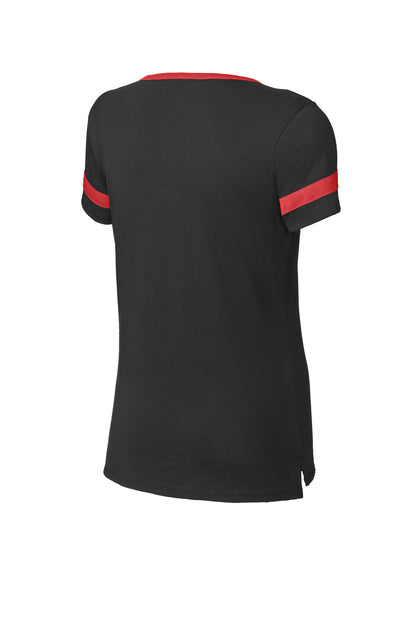 Rear View of Blk/DpRed Sport-Tek Women's Halftime Notch Neck Tee LST6041 plain