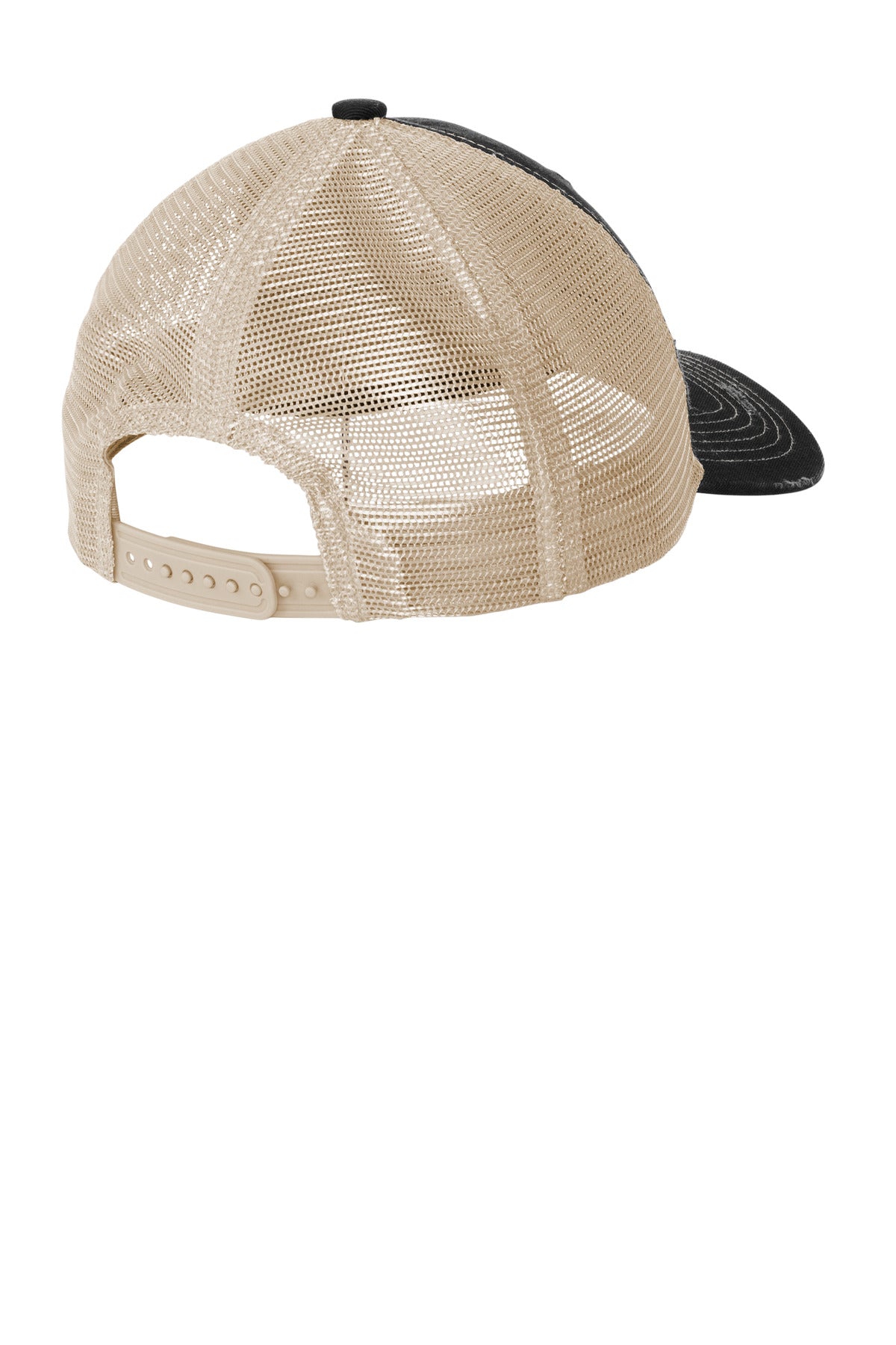 Rear View of Blk/Khaki Port Authority Distressed Mesh Back Cap C600 plain