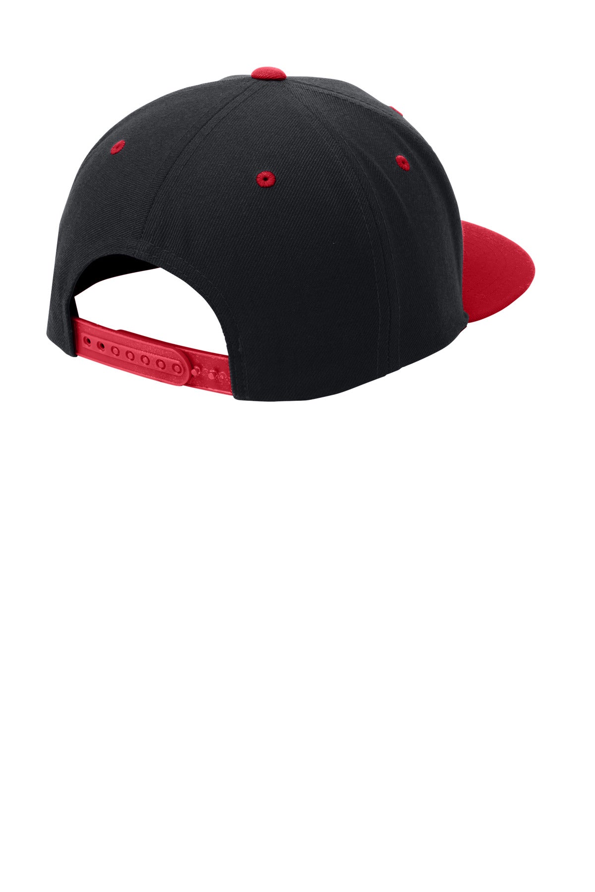 Rear View of Blk/True Red Sport-Tek YP Classics Flat Bill Snapback Cap. STC19 plain