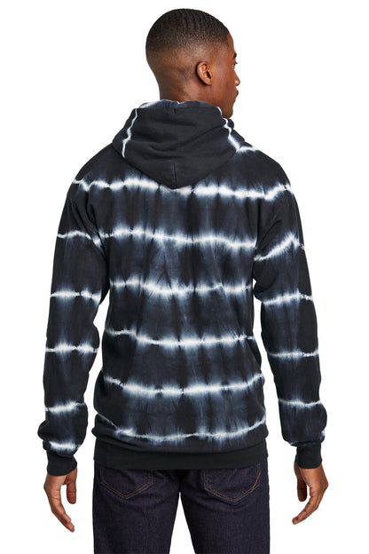 Rear View of Blk/White Port & Co Allover Stripe Tie-Dye Fleece PC143 plain