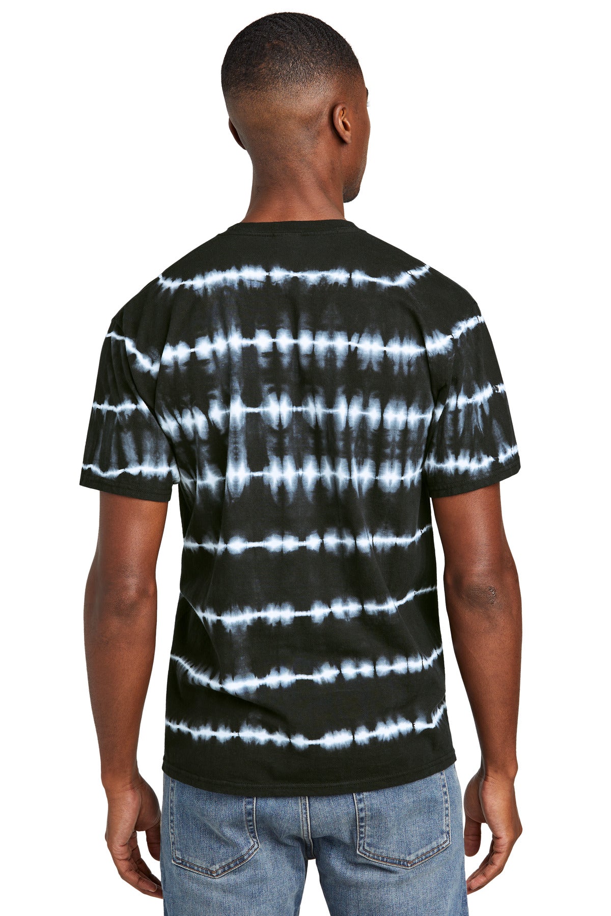 Rear View of Blk/White Port & Co Allover Stripe Tie-Dye Tee PC142 plain