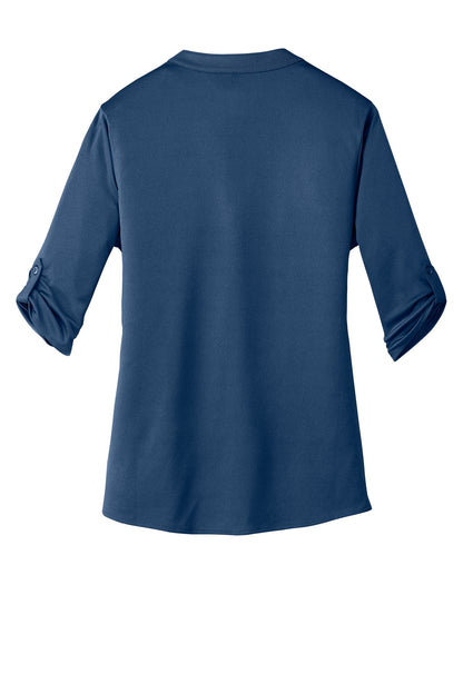Rear View of Blue Indigo OGIO - Crush Henley. LOG111 plain