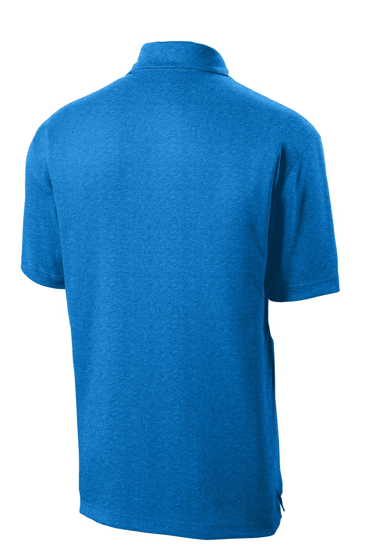 Rear View of Blue Wake Hthr Sport-Tek Heather Contender Polo. ST660 plain