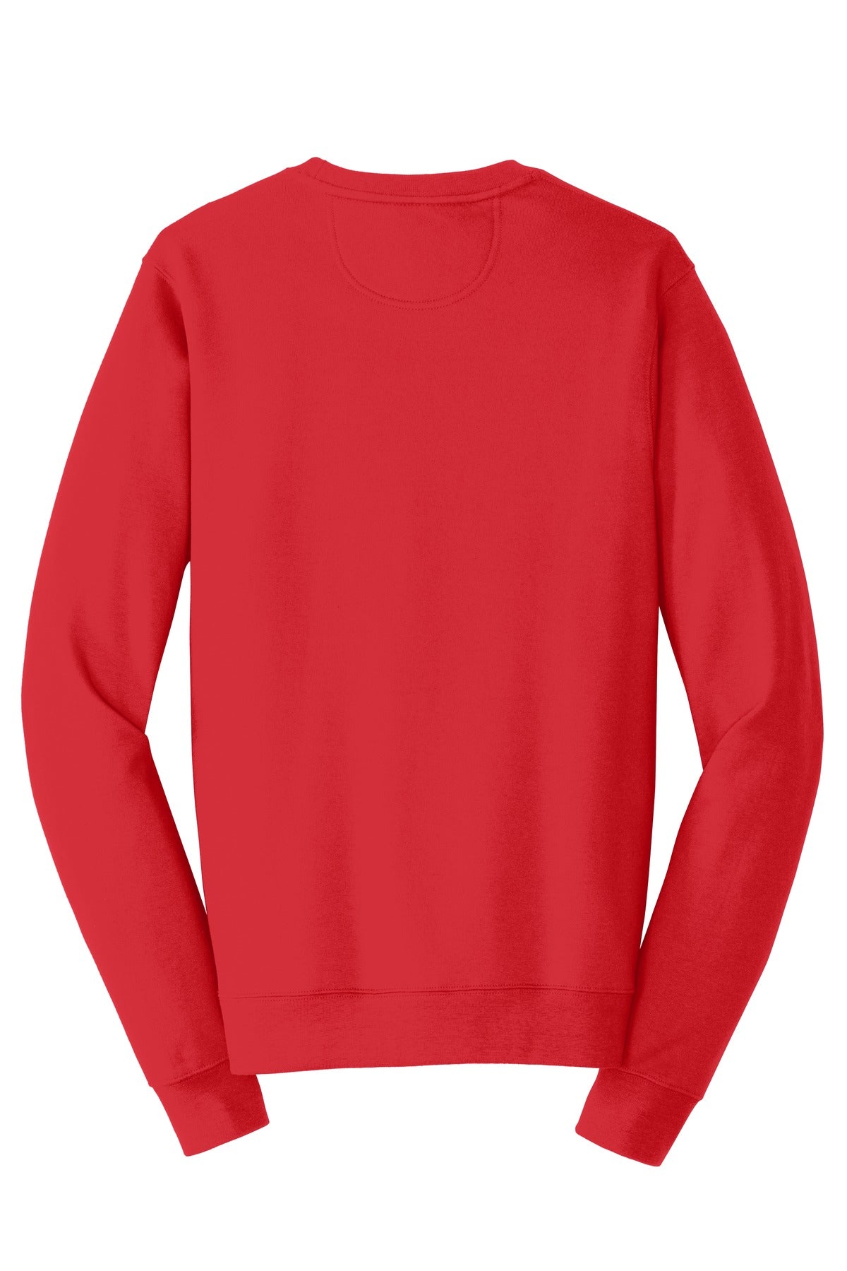 Rear View of Bright Red Port & Co Fan Favorite Fleece Crewneck Sweatshirt. PC850 plain
