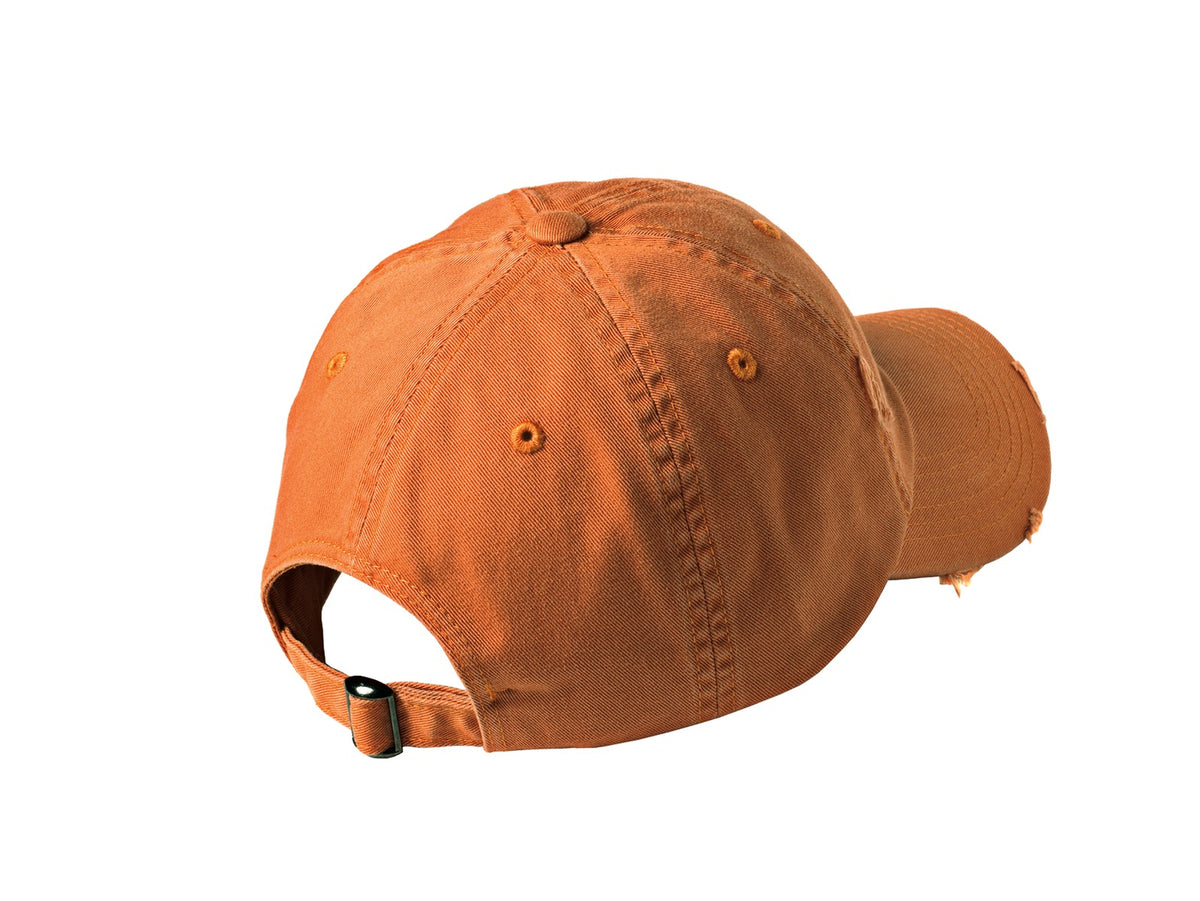 Rear View of Burnt Orange District Distressed Cap. DT600 plain