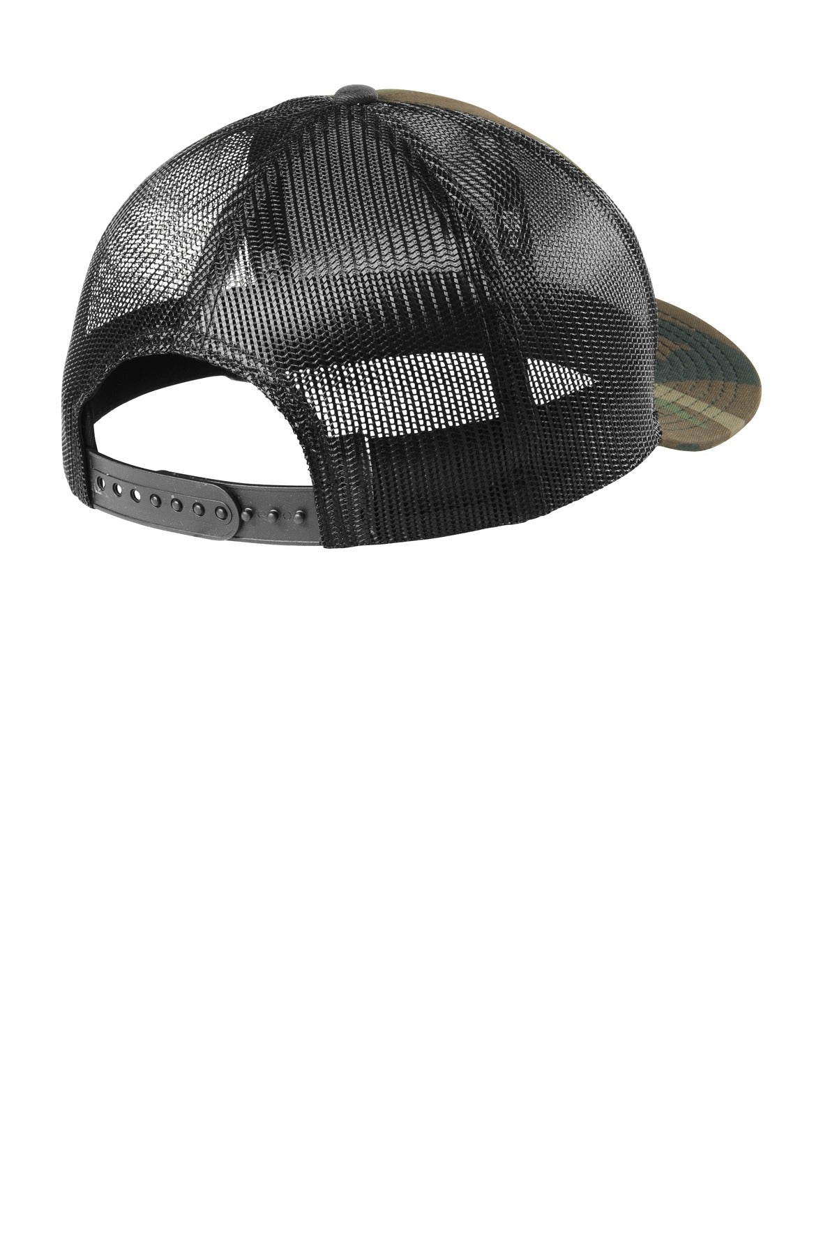 Rear View of Camo/Black New Era Snapback Low Profile Trucker Cap NE207 plain