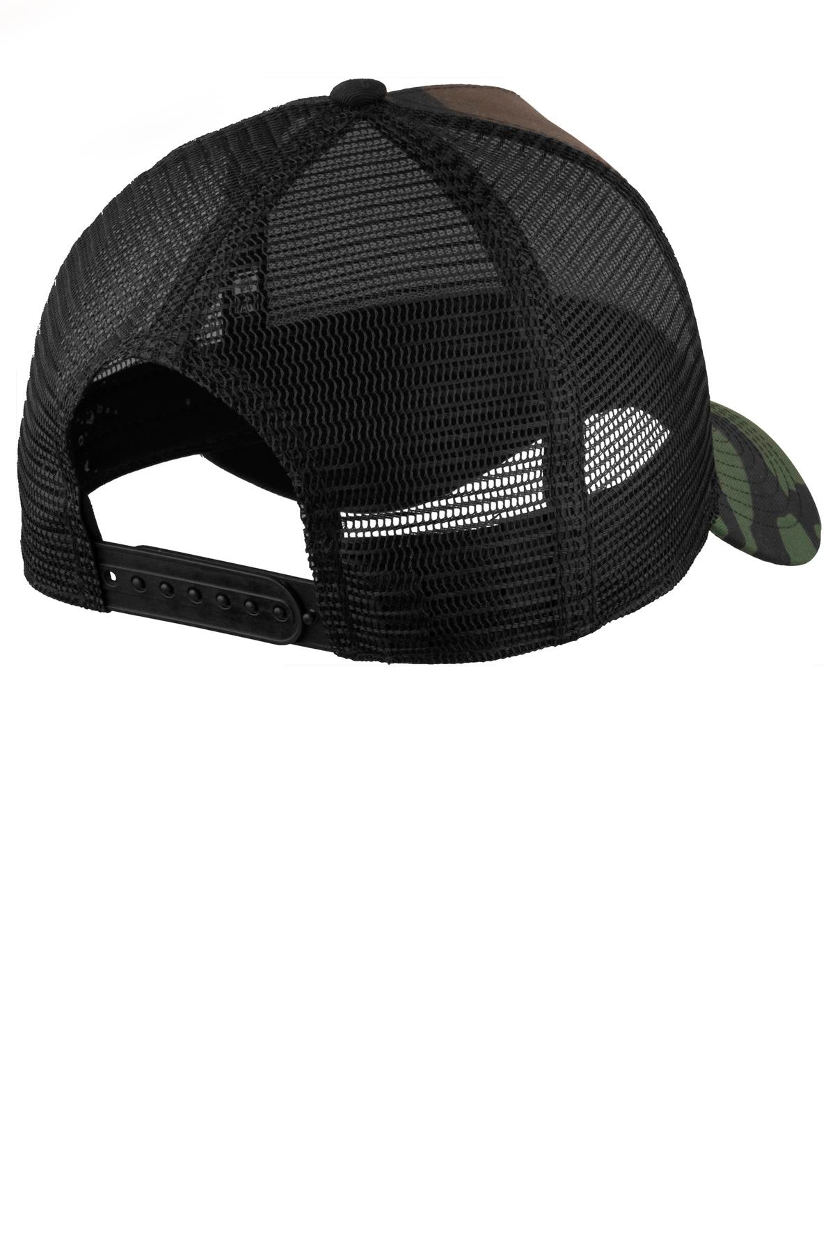 Rear View of Camo/Black New Era Snapback Trucker Cap. NE205 plain