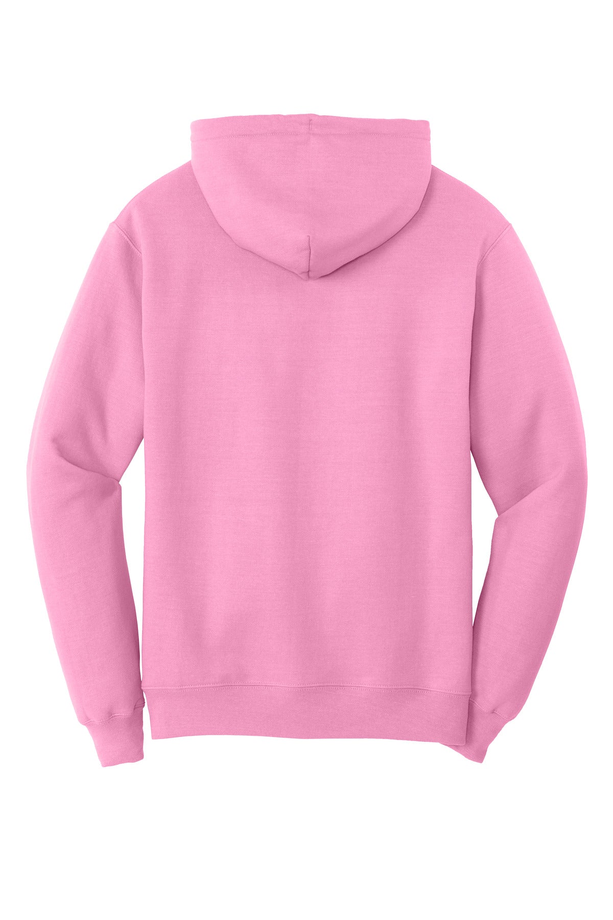 Rear View of Candy Pink Port & Co Core Fleece Pullover Hooded Sweatshirt. PC78H