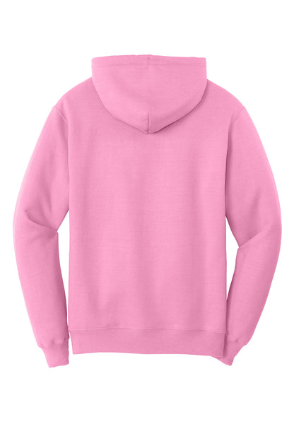 Rear View of Candy Pink Port & Co Core Fleece Pullover Hooded Sweatshirt. PC78H