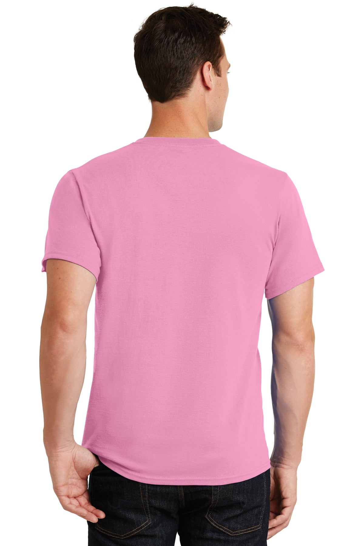 Rear View of Candy Pink Port & Co Essential Tee. PC61 plain